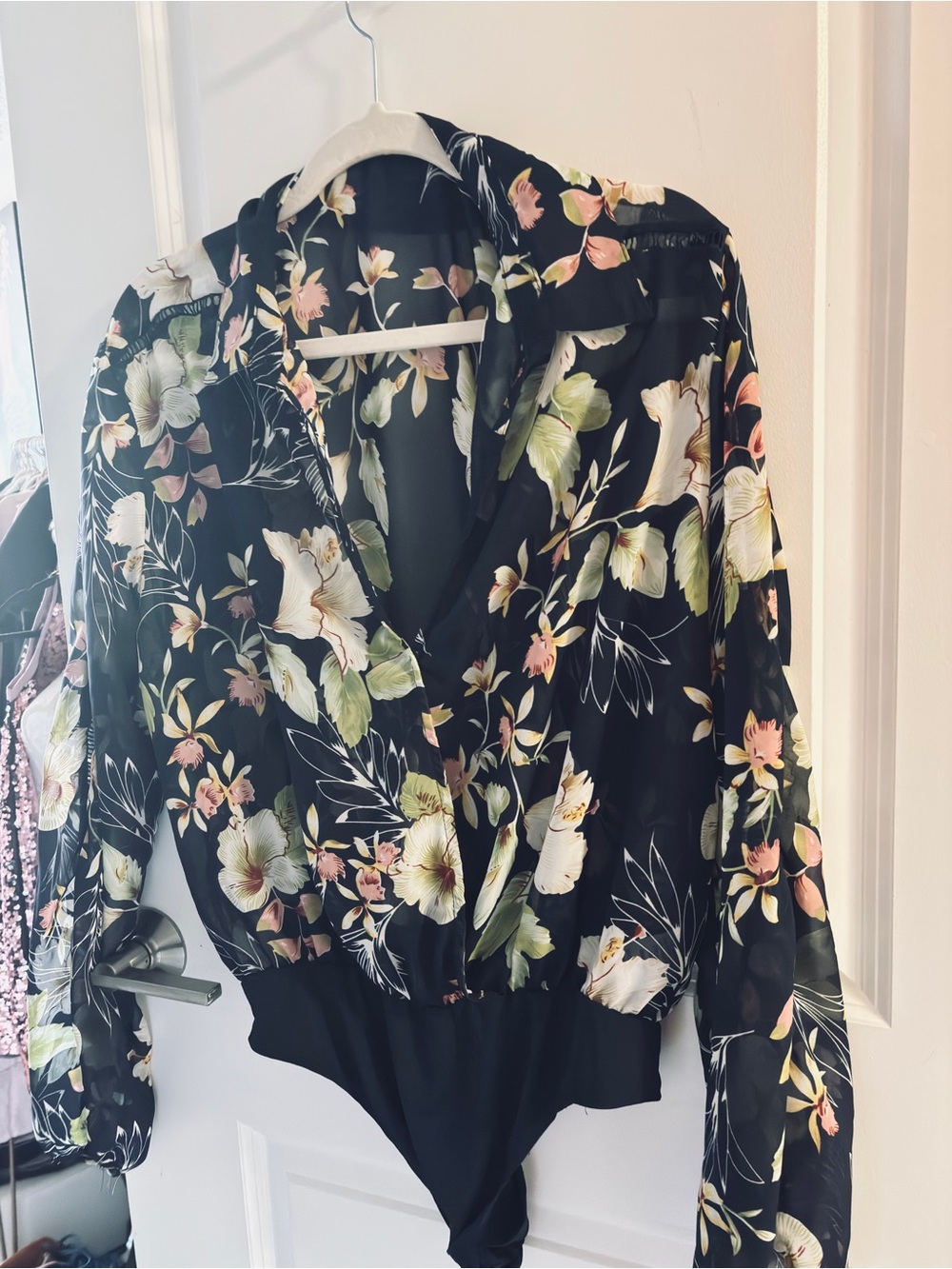 Fashion Nova Black Floral V-Wrap Bodysuit